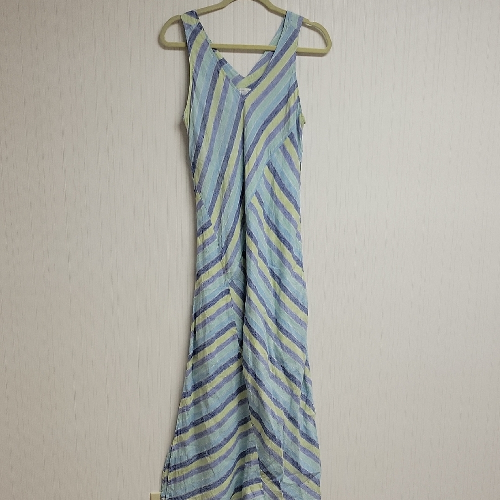 J. Jill Love Linen Blue & Green Striped Maxi Dress Small Coastal Vacation Spring
